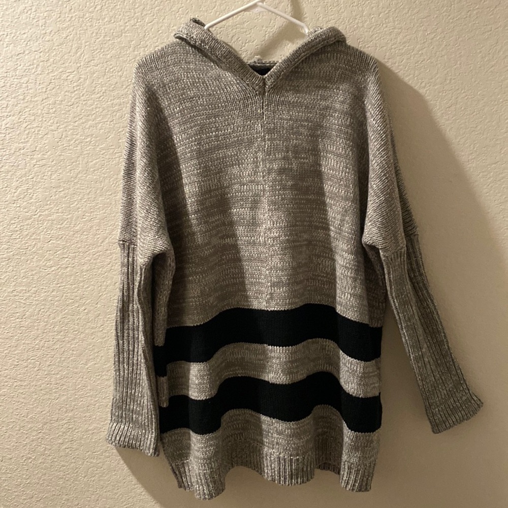 Millau long grey hooded knit sweater black stripes